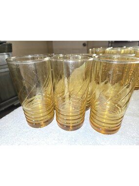 Vintage Libbey Amber Iced Tea Glasses Malibu Gold Set Of 6 Ribbed Swirl 12oz